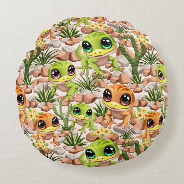 Baby Geckos Cute Cartoon Characters Round Pillow (Front)
