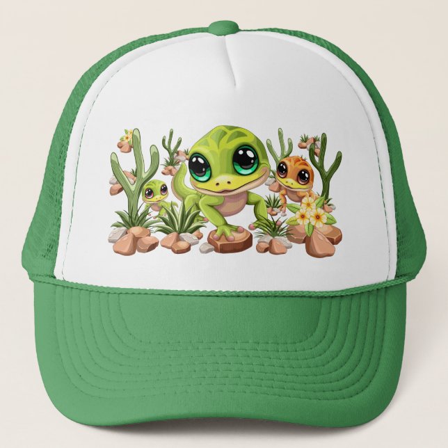 Baby Geckos Cute Cartoon Characters Trucker Hat (Front)