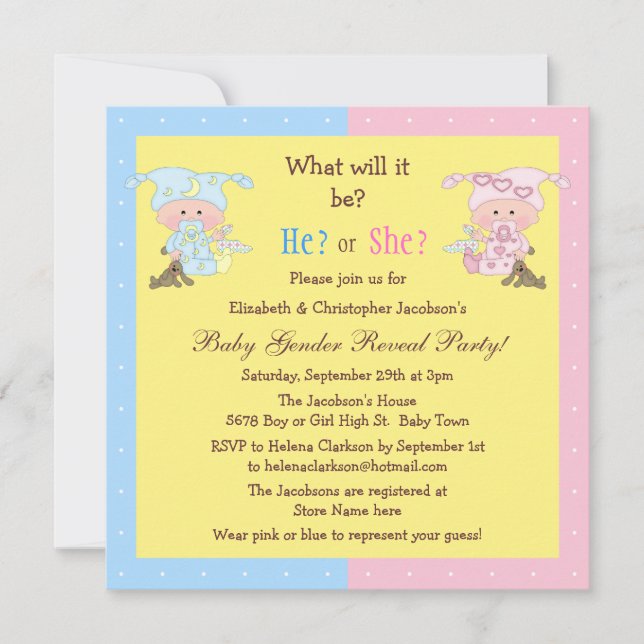 Baby Gender Reveal Cute Babies & Bunnies Invitation (Front)