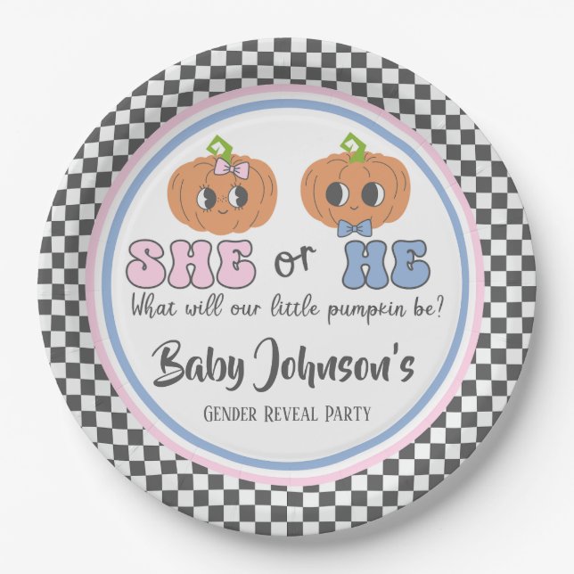 Baby Gender Reveal - Cute Groovy Pumpkins Paper Plate (Front)