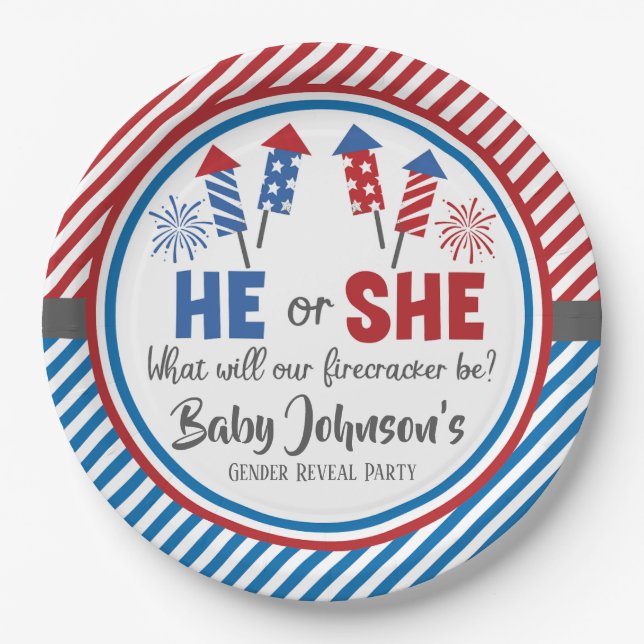 Baby Gender Reveal - Firecracker 4th of July Paper Plate (Front)