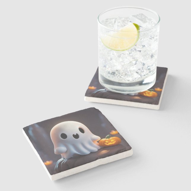 Baby Ghost Creepy Cute Halloween Character Stone Coaster (Side)
