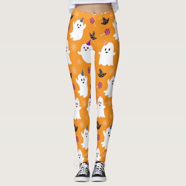 Baby Ghost Pattern Orange Halloween Party Leggings (Front)
