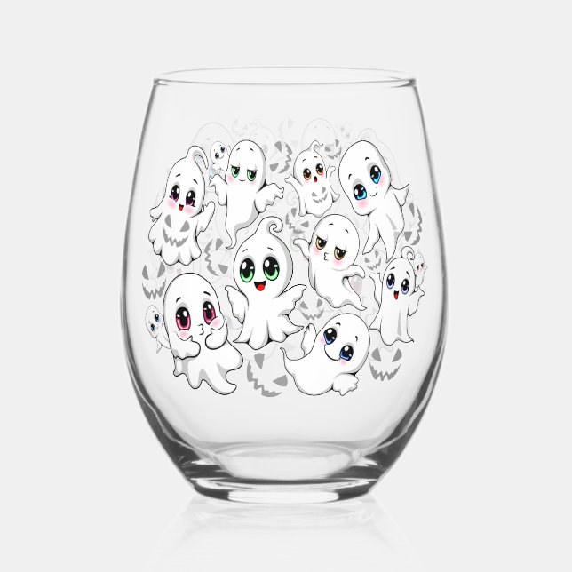 Baby Ghosts Spooky Cute Halloween Mood Stemless Wine Glass (Front)
