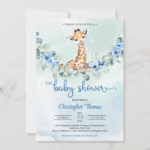 Baby giraffe blue flowers eucalyptus Baby Shower Invitation