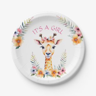 Baby Giraffe Floral, It's a Girl    Baby Shower Paper Plate
