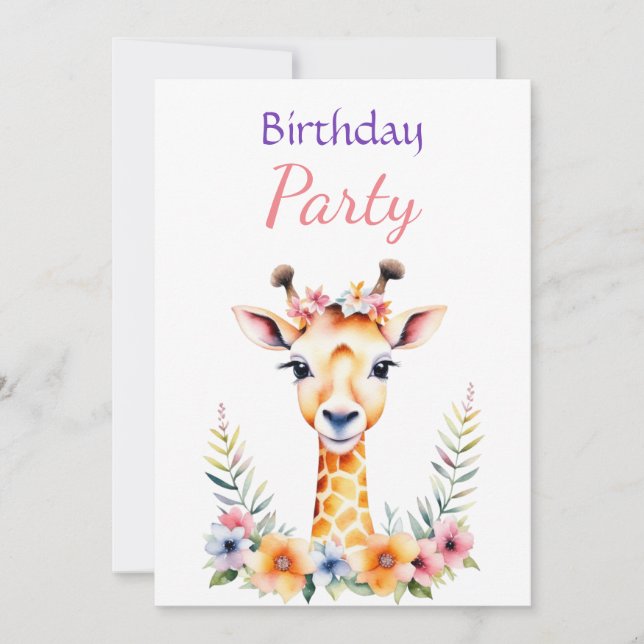 Baby Giraffe in Flowers Girl's Birthday Party Invitation (Front)