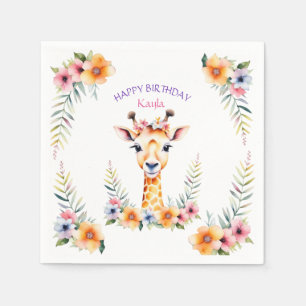 Baby Giraffe in Flowers Girl's Birthday Party Napkin