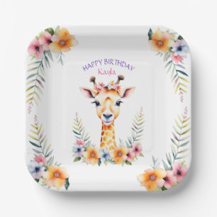 Baby Giraffe in Flowers Girl's Birthday Party Paper Plate