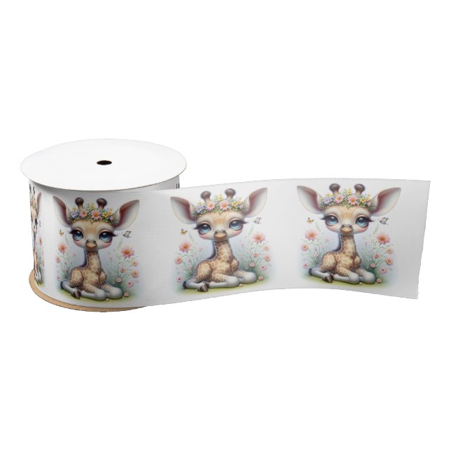 Baby Giraffe In Pink Flowers Satin Ribbon (Spool)