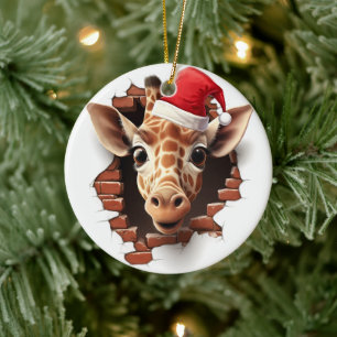 Baby Giraffe in Santa Hat - 3D Ceramic Ornament