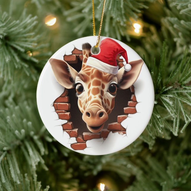 Baby Giraffe in Santa Hat - 3D Ceramic Ornament (Tree)