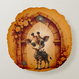 Baby giraffe in steampunk-cartoon round pillow