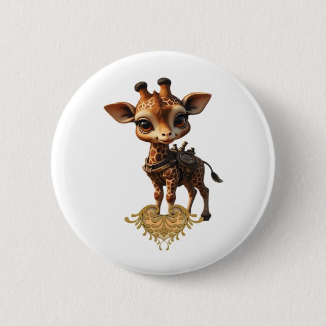 Baby giraffe in steampunk-cartoon style Classic T- 2 Inch Round Button (Front)