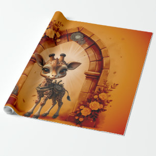 Baby giraffe in steampunk-cartoon wrapping paper