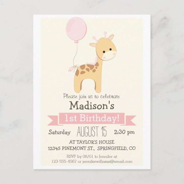 Baby Giraffe Invitation de fête d'anniversaire de  (Devant)
