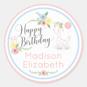Baby Giraffe Pink Floral Happy 1st Birthday Party Classic Round Sticker