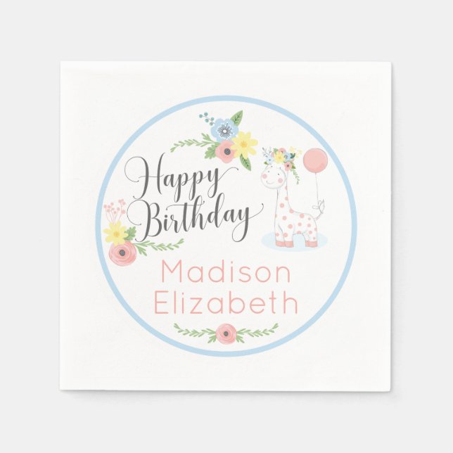 Baby Giraffe Pink Floral Happy 1st Birthday Party Napkin (Front)