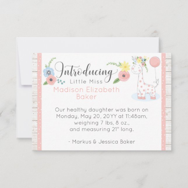 Baby Giraffe Rustic Floral Baby Birth Announcement (Front)