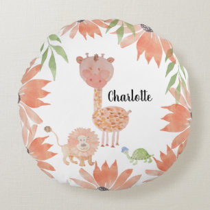 Baby Giraffe Watercolor Hand-painted Monogrammed Round Pillow