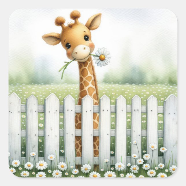 Baby Giraffe With Daisy  Square Sticker (Front)