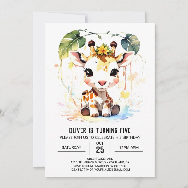 Baby Giraffe's Magical Birthday Invitation (Front)