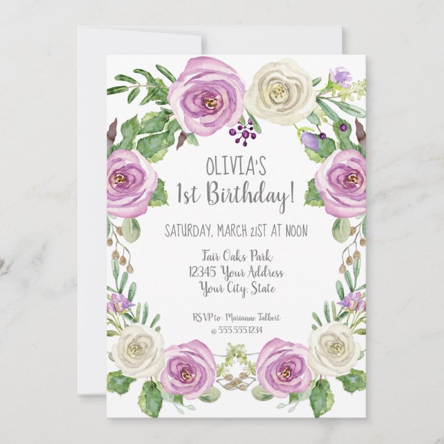 Baby Girl 1st Birthday Lavender Watercolor Floral Invitation (Front)