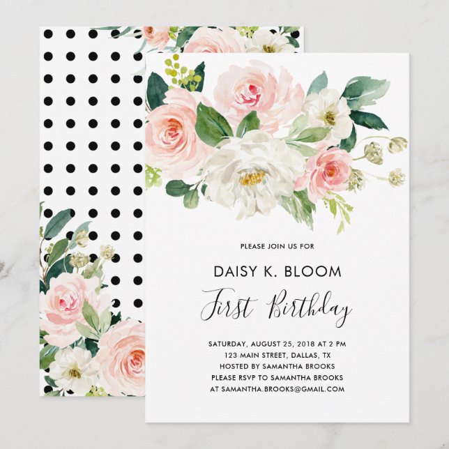 Baby Girl 1st Birthday Party Invitation (Devant / Derrière)