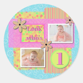 Baby Girl 1st Birthday Pink & Yellow Scrapbooking Classic Round Sticker