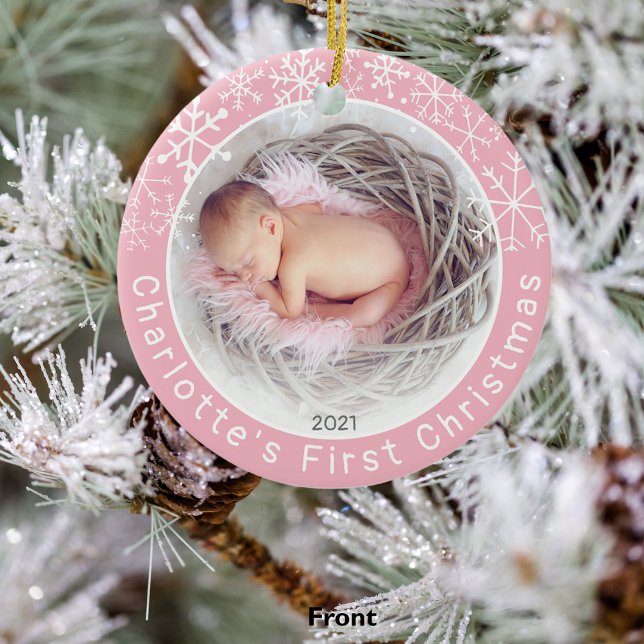 Baby Girl 1st Christmas Photo Snowflakes Pink Ceramic Ornament (Creator Uploaded)
