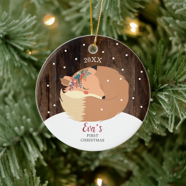 Baby Girl 1st Christmas Woodland Fox Personalized Ceramic Ornament (Tree)
