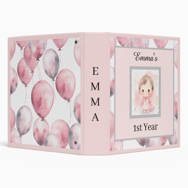 Baby Girl 1st Year Scrapbook Album Pink Balloons Binder (Background)