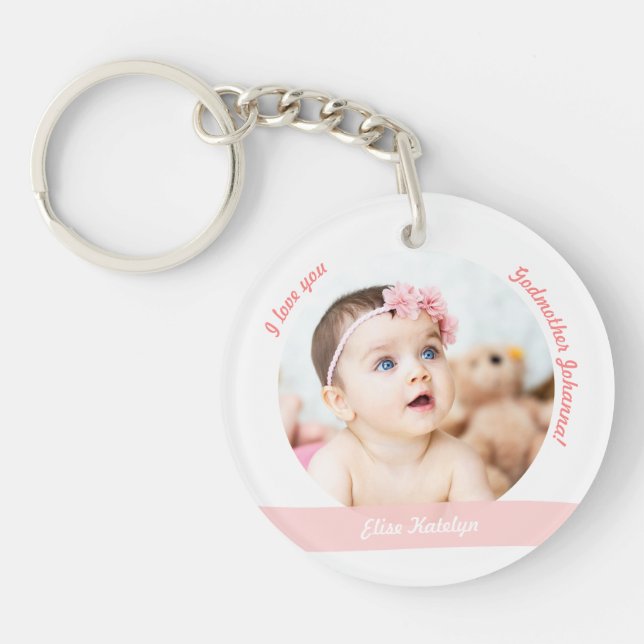 Baby Girl 2 Photos Names Date Birth For Godmother Keychain (Front)