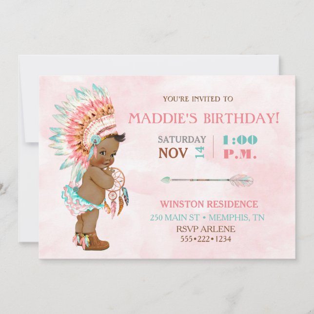 Baby Girl African American Tribal Headdress Blush Invitation (Front)