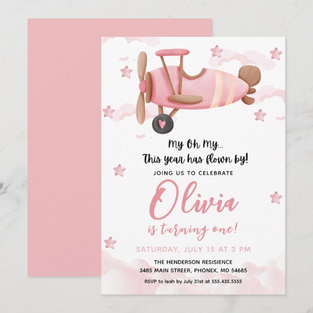 Baby Girl Airplane First Birthday Invitation (Front/Back)