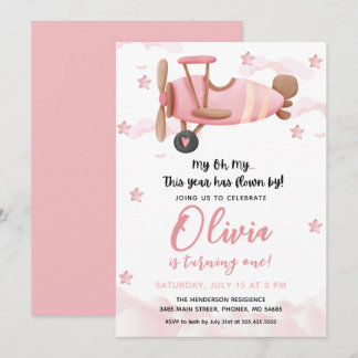 Baby Girl Airplane First Birthday Invitation