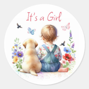Baby Girl and her Puppy   It's a Girl Watercolor Classic Round Sticker