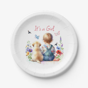 Baby Girl and her Puppy It's a Girl Watercolor Paper Plate