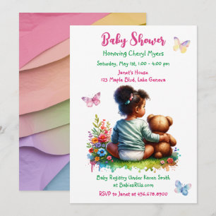 Baby Girl and her Teddy Bear   Girl's Baby Shower Invitation