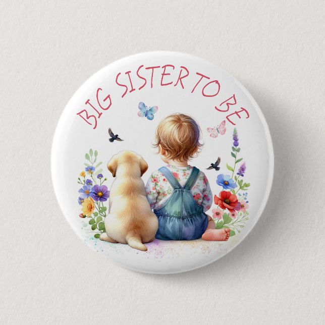 Baby Girl and Puppy Baby Shower Big Sister 2 Inch Round Button (Front)