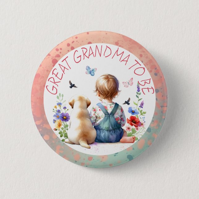 Baby Girl and Puppy Baby Shower Great Grandma  2 Inch Round Button (Front)