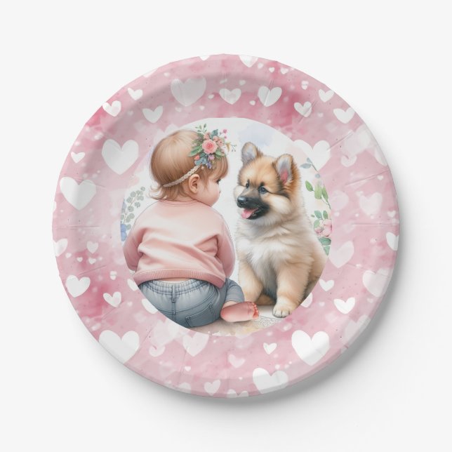 Baby Girl and Puppy Pink Baby Shower Paper Plate (Front)