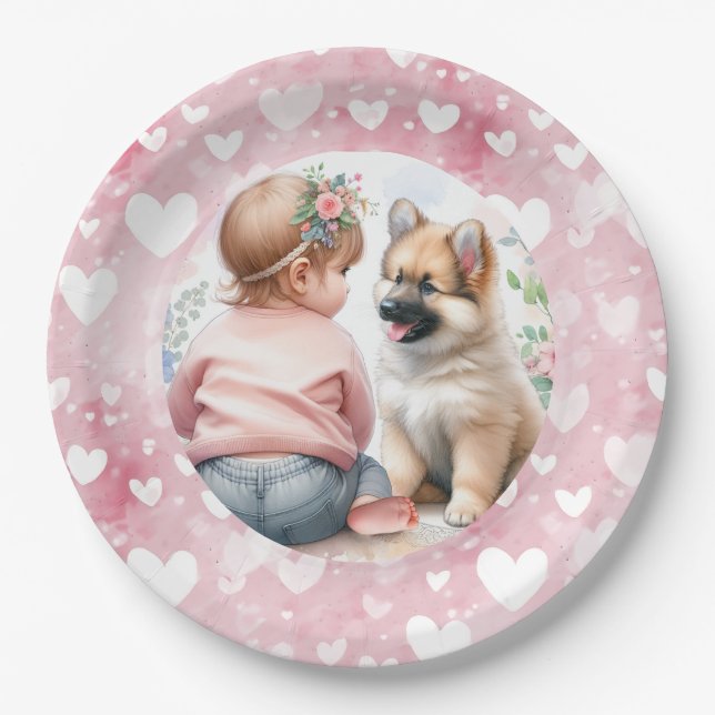 Baby Girl and Puppy Pink Baby Shower Paper Plate (Front)