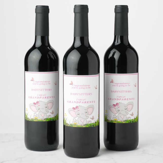 Baby Girl Announcement  Elephant Butterflies Wine Label (Bottles)