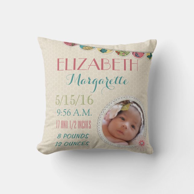 Baby Girl Announcement Photo Throw Pillow (Front)