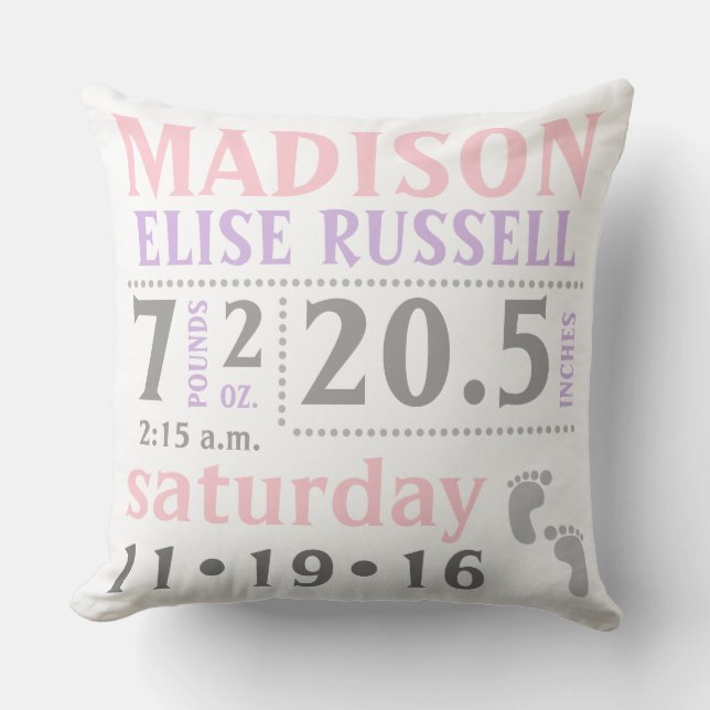 Baby Girl Announcement Pillow, pink, purple, grey Throw Pillow (Front)