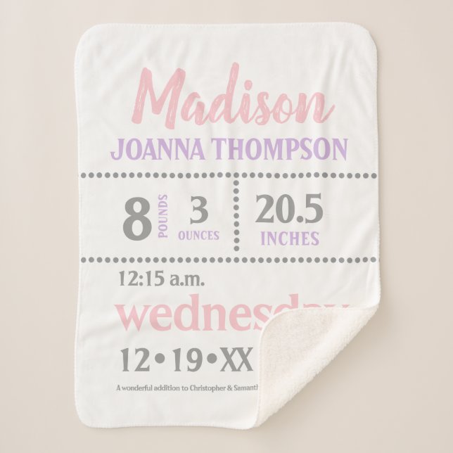 Baby Girl Announcement, Pink, Purple, Grey, prints Sherpa Blanket (Front)