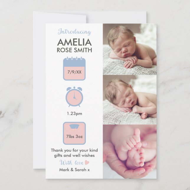 Baby girl announcement/thank you card (Front)