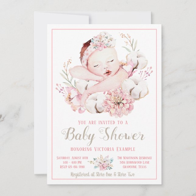 Baby Girl Aquarelle Bébé Douche Invitations (Devant)