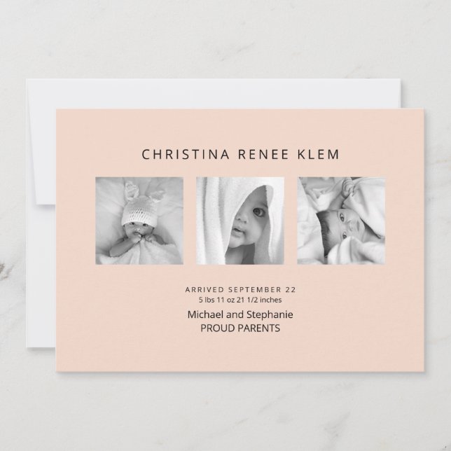 Baby Girl B/W Photo Collage Modern Peach Birth Announcement (Front)